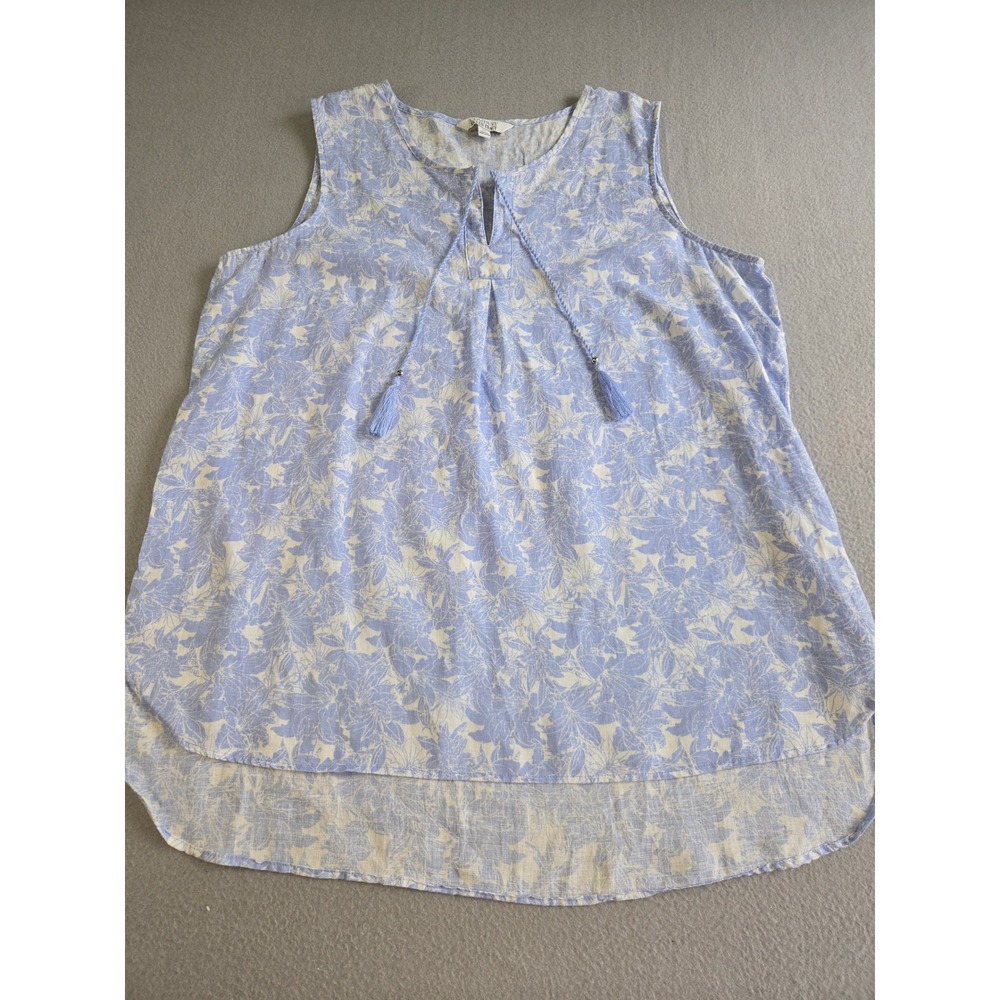 Company Ellen Tracy‎ Tank Top Women XL Blue Floral 100% Linen Tassel High-Low